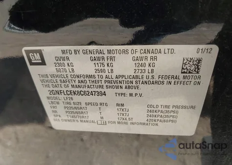 2012 Chevrolet Equinox Ls из США, поврежденный, VIN 2GNFLCEK8C6247394